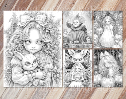 50 Alice im Halloweenland Graustufen Malbuchseiten - Halloween Ausmalen - Sofortiger Download - Druckbare PDF Dunkel/Hell