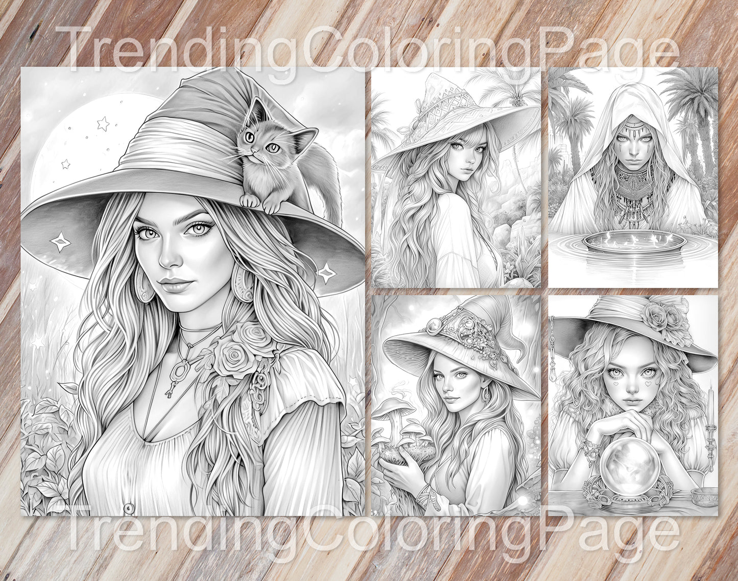 70 Beauty Witches Grayscale Coloring Pages - Instant Download - Printable PDF