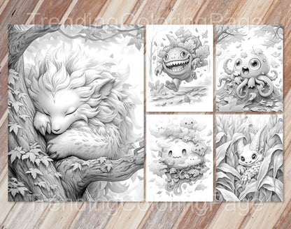 50 niedliche Herbstmonster Graustufen-Ausmalbilder - Halloween Ausmalen - Sofortiger Download - Druckbare PDF Dunkel/Hell