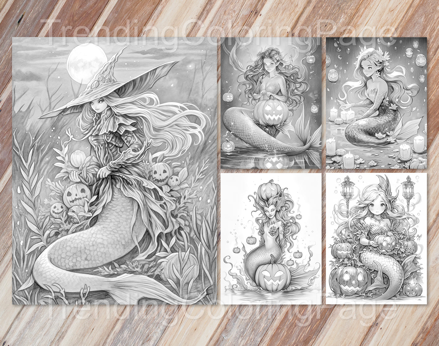 50 Halloween Mermaid Grayscale Coloring Pages - Instant Download - Printable PDF Dark/Light
