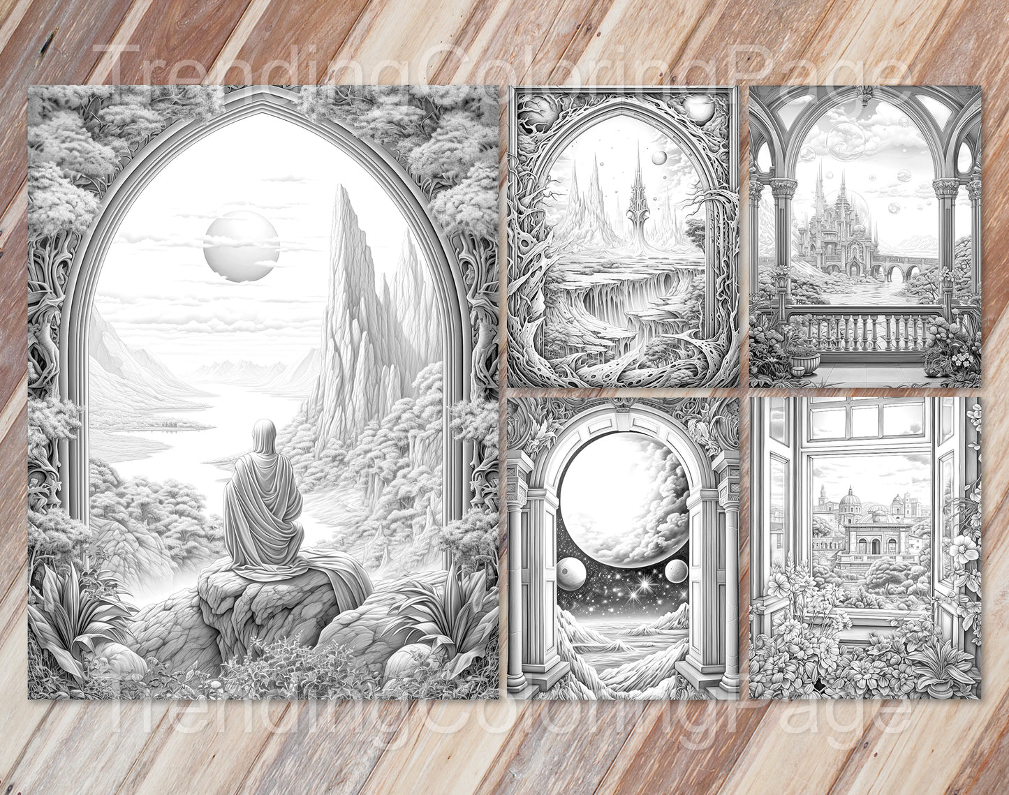 40 Window to Another World 2 Grayscale Coloring Pages- Instant Download - Printable PDF Dark/Light