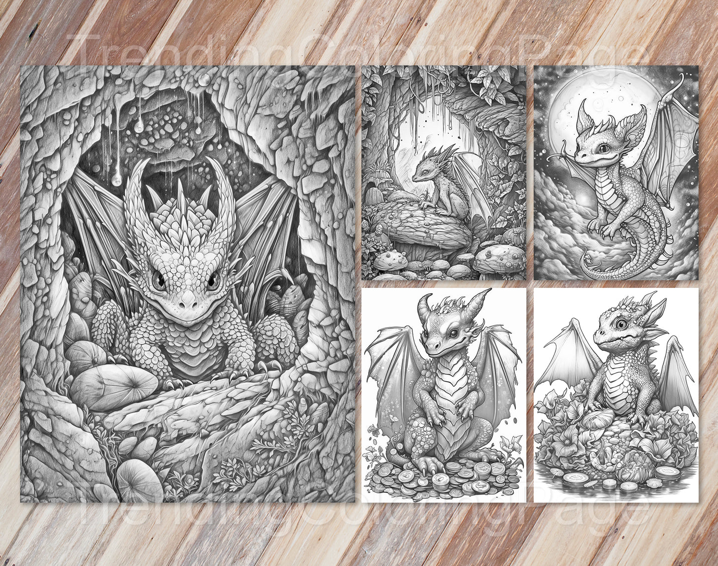 25 Dragonling Dreams Grayscale Coloring Pages - Instant Download - Printable PDF Dark/Light