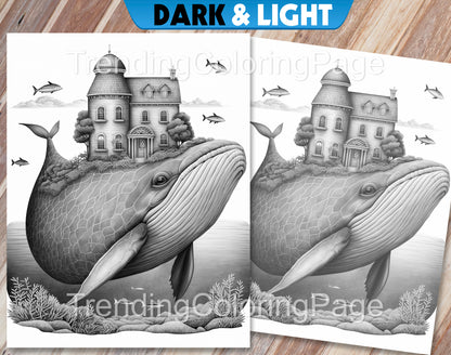 25 Fantasy Ocean Houses Grayscale Coloring Pages - Instant Download - Printable PDF Dark/Light