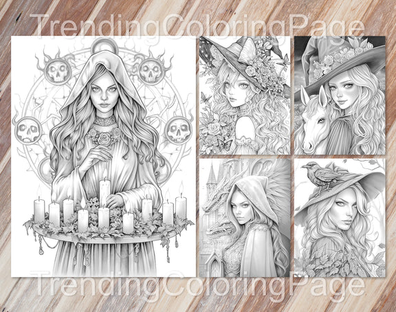 70 Beauty Witches Grayscale Coloring Pages - Instant Download - Printa ...