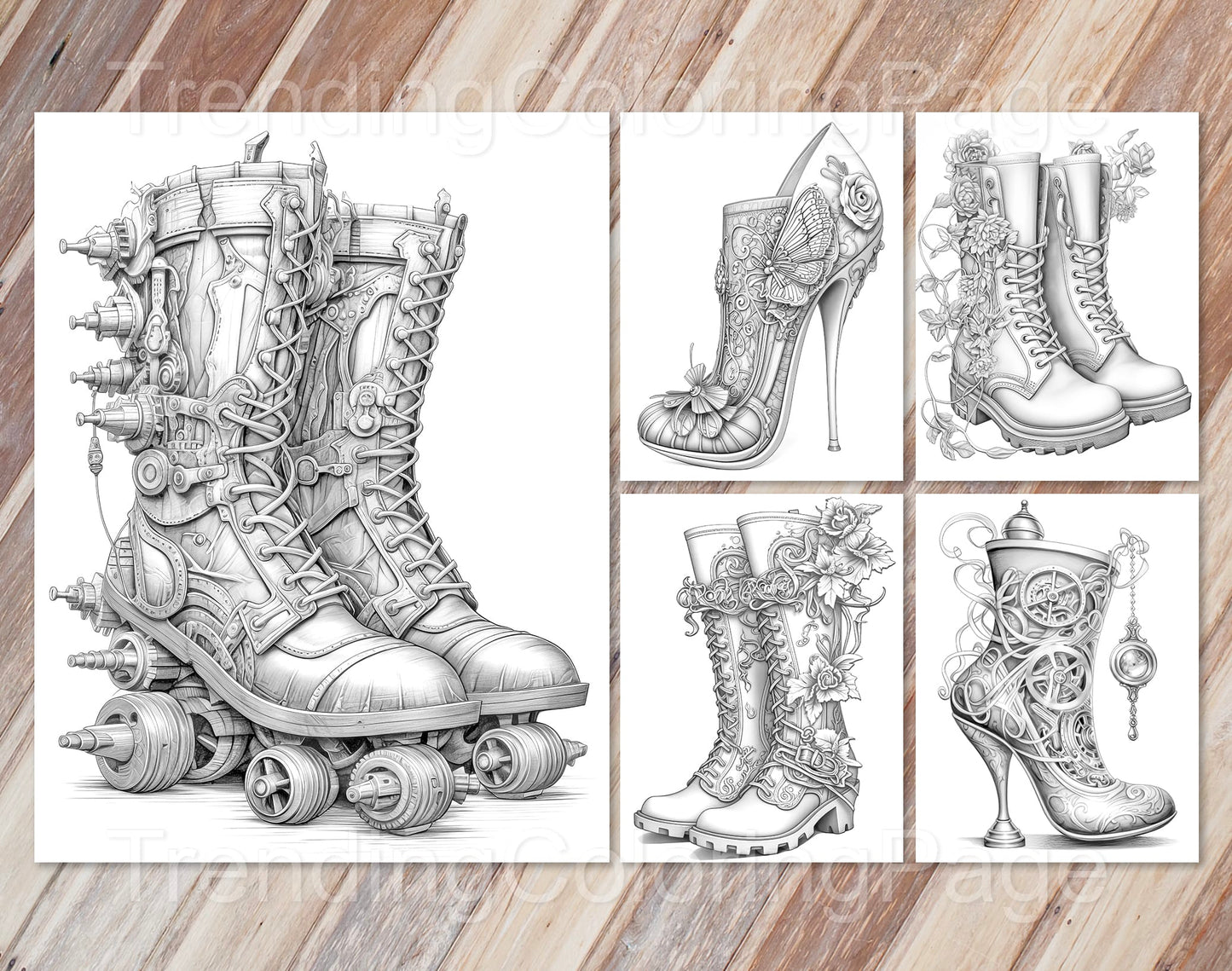 40 Fantasy Shoes Grayscale Coloring Pages - Instant Download - Printable PDF Dark/Light