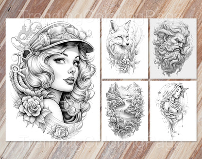 50 Grayscale Tattoo Coloring Pages - Instant Download PDF (Dark/Light)
