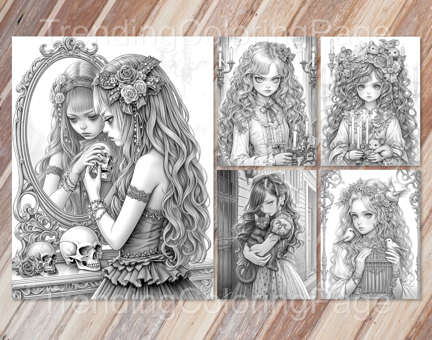 30 Little Gothic Princess Grayscale Coloring Pages  - Instant Download - Printable PDF Dark/Light