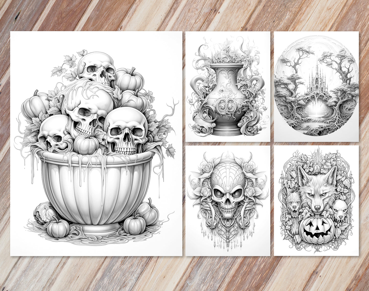 45 Intricate Halloween Grayscale Coloring Pages - Instant Download - Printable PDF Dark/Light