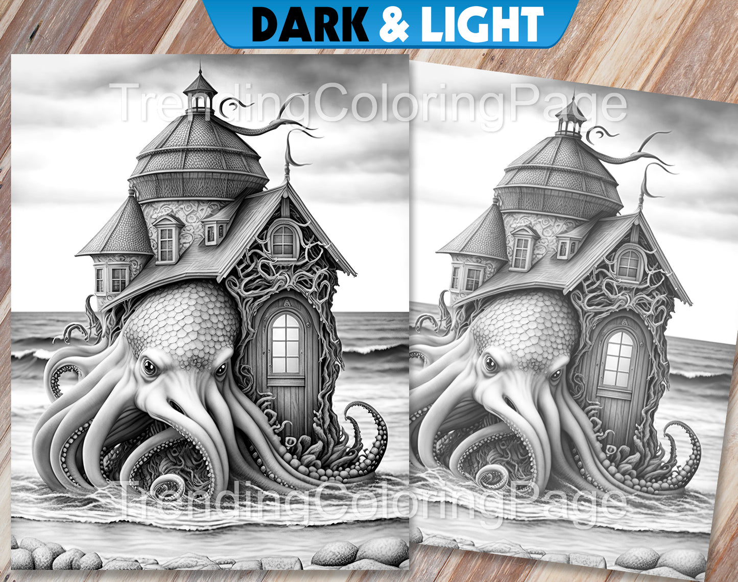 25 Fantasy Ocean Houses Grayscale Coloring Pages - Instant Download - Printable Dark/Light