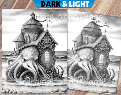 25 Fantasy Ocean Houses Grayscale Coloring Pages - Instant Download - Printable PDF Dark/Light