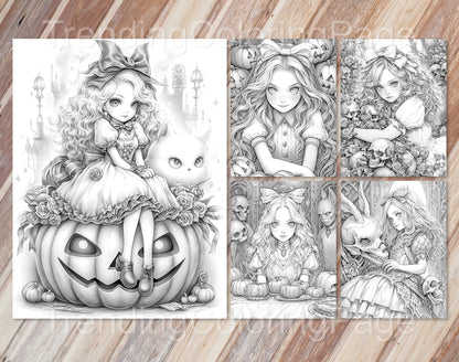 50 Alice im Halloweenland Graustufen Malbuchseiten - Halloween Ausmalen - Sofortiger Download - Druckbare PDF Dunkel/Hell