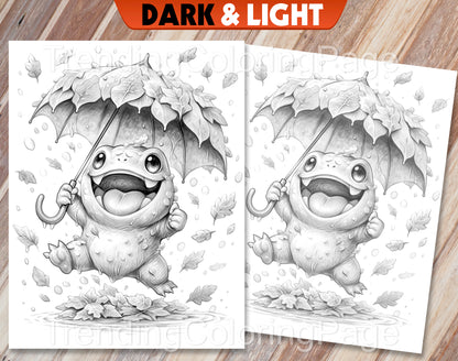50 niedliche Herbstmonster Graustufen-Ausmalbilder - Halloween Ausmalen - Sofortiger Download - Druckbare PDF Dunkel/Hell