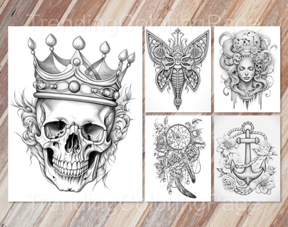 50 Grayscale Tattoo Coloring Pages - Instant Download PDF (Dark/Light)