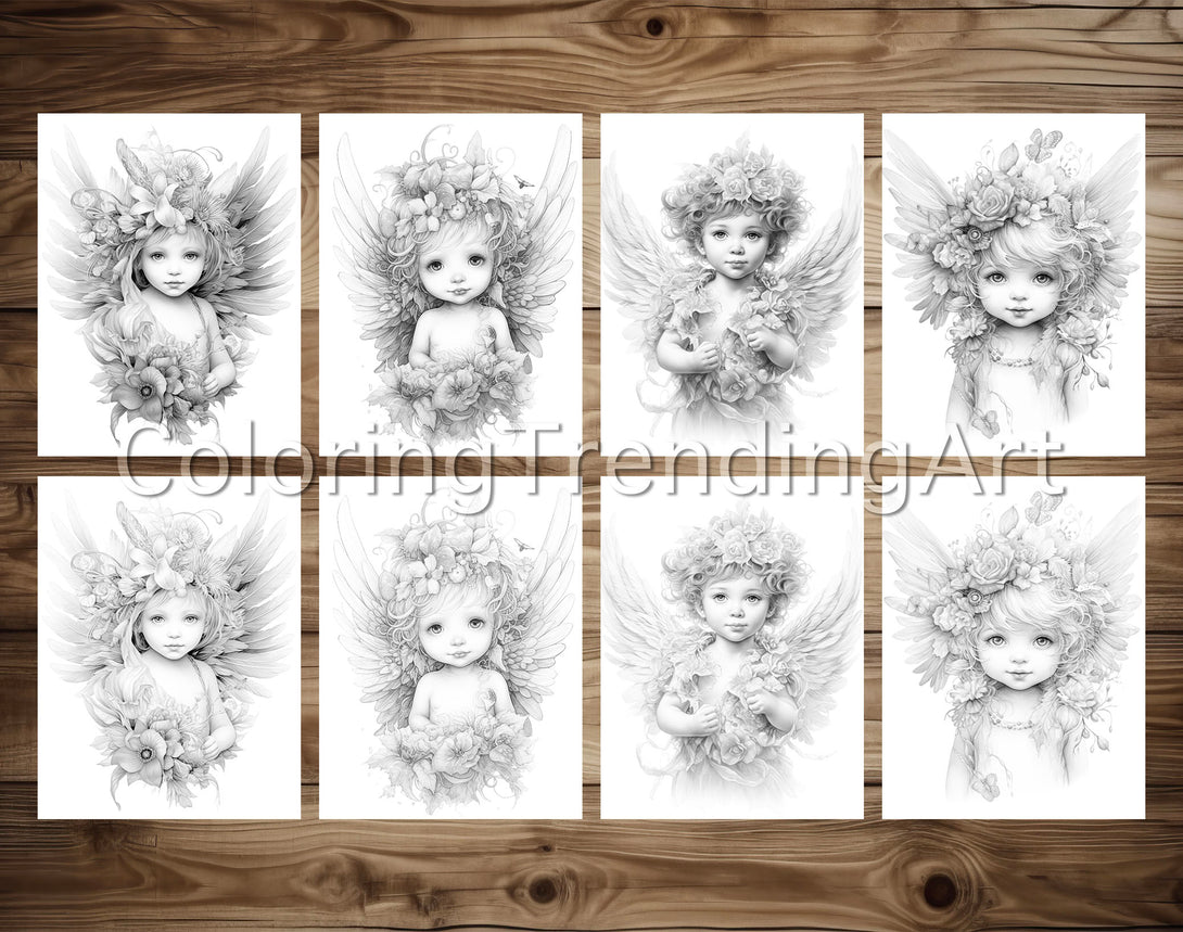 25 Adorable Baby Angels Grayscale Coloring Pages - Instant Download - Printable PDF - TrendingColoring