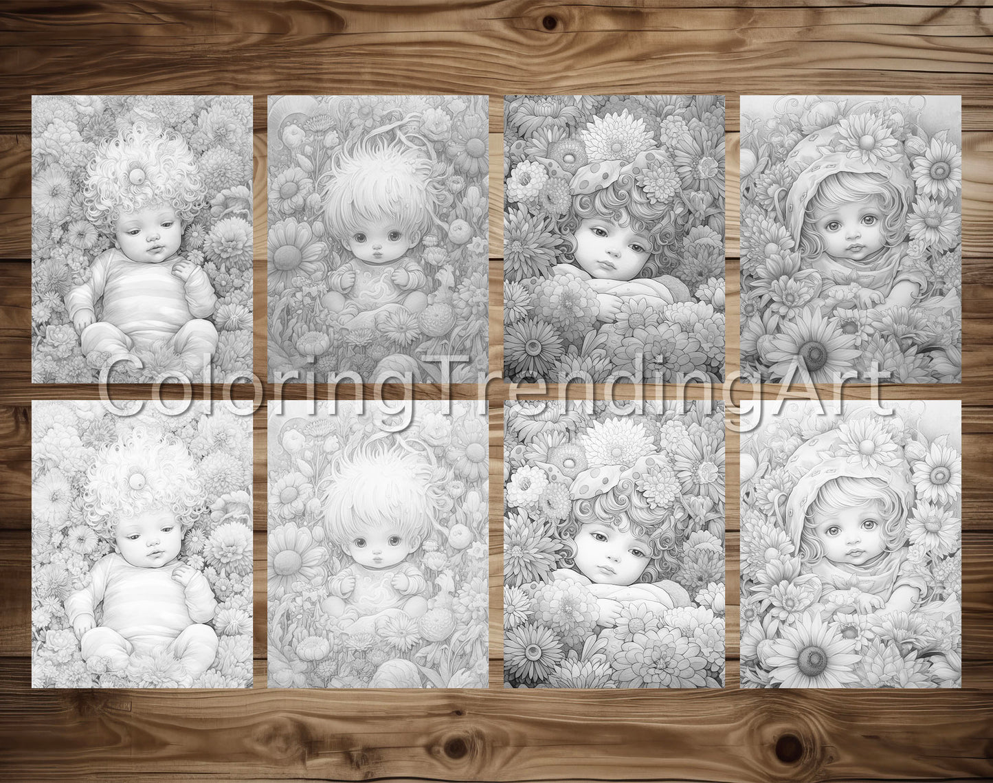25 Adorable Flower Baby Grayscale Coloring Pages - Instant Download - Printable PDF Dark/Light