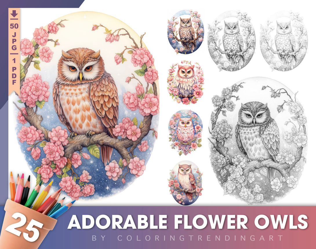 25 Adorable Flower Owls Grayscale Coloring Pages for Adults, Kids, Instant Download, Dark/Light Illustration PDF - TrendingColoring