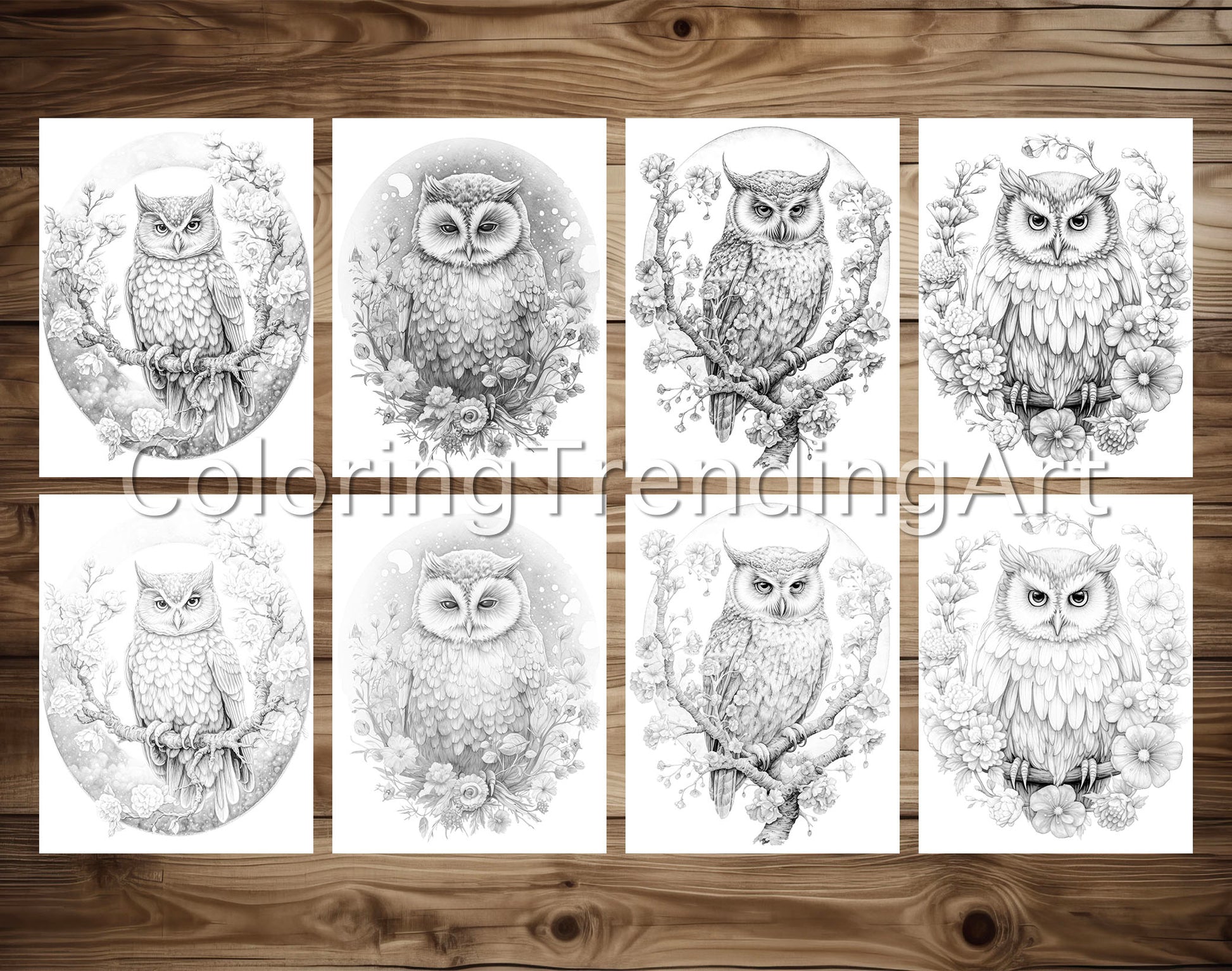 25 Adorable Flower Owls Grayscale Coloring Pages for Adults, Kids, Instant Download, Dark/Light Illustration PDF - TrendingColoring