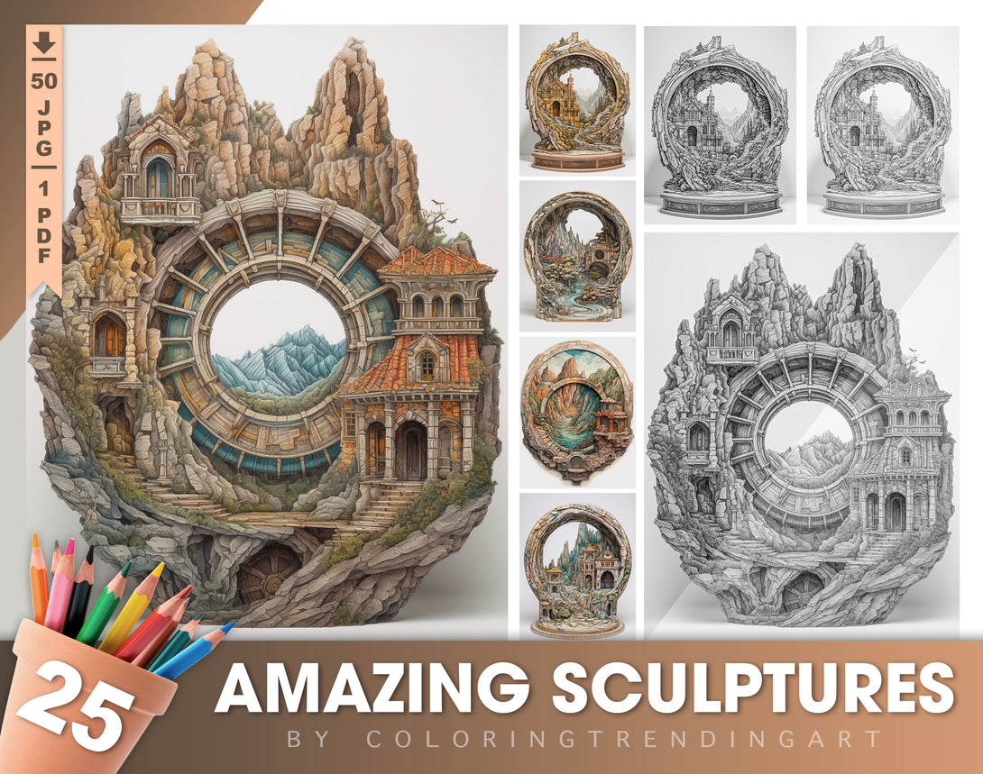 25 Amazing Sculptures Grayscale Coloring Pages - Instant Download - TrendingColoring