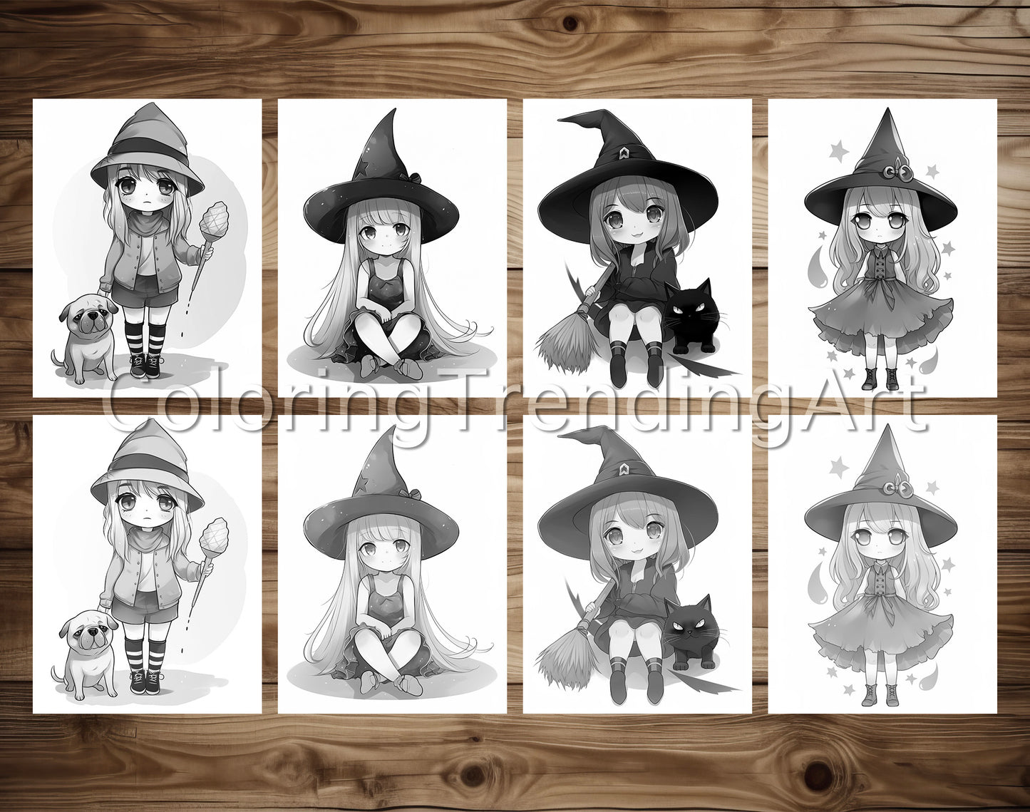 25 Chibi Cute Witch Grayscale Coloring Pages - Instant Download - Printable PDF Dark/Light