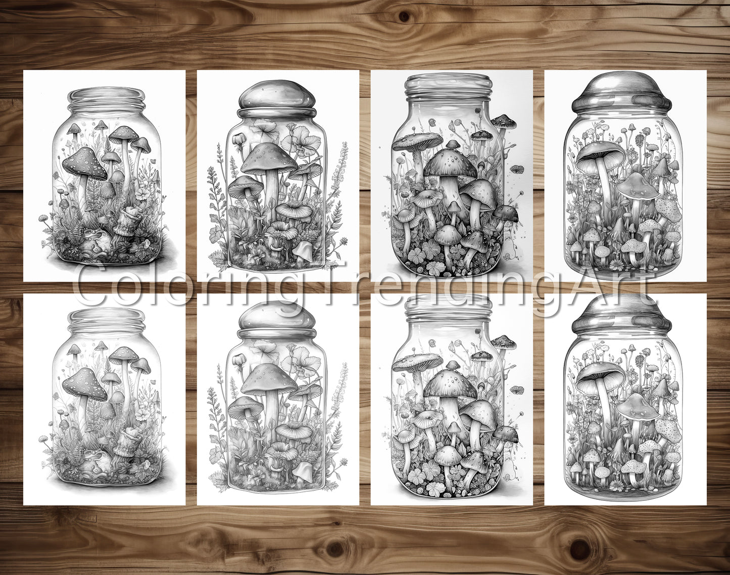 25 Mushroom Forest In Jar Grayscale Coloring Pages - Instant Download - Printable PDF Dark/Light