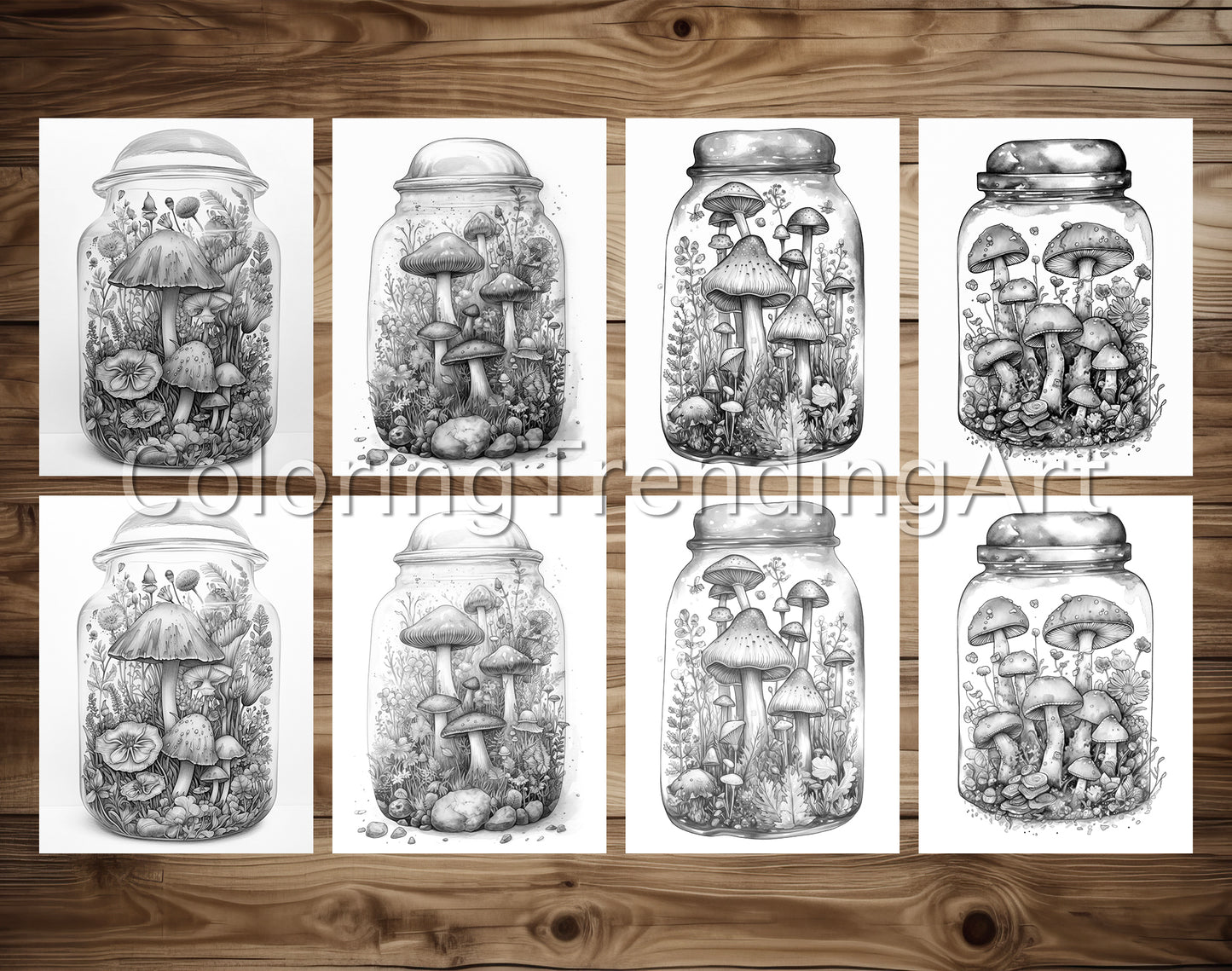 25 Mushroom Forest In Jar Grayscale Coloring Pages - Instant Download - Printable PDF Dark/Light