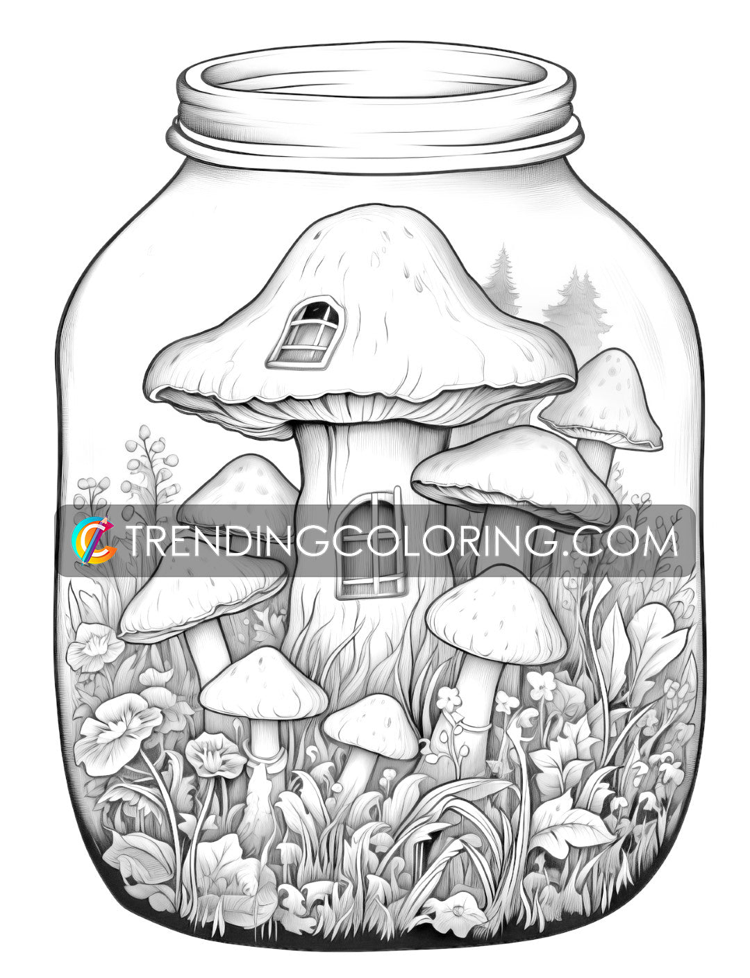 Free In Jar Coloring Pages - Fairy House, Animal, Girl, Waterfall, Mushroom - Printable PDF
