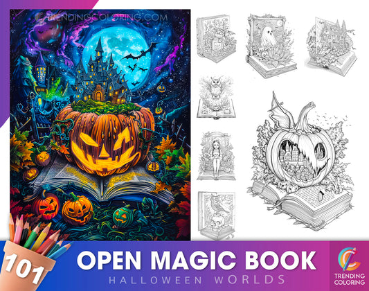 101 Open Magic Book - Halloween Worlds Coloring Pages - Instant Download - Printable PDF