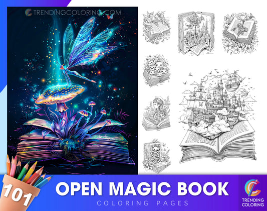 101 Open Magic Book Coloring Pages - Instant Download - Printable PDF