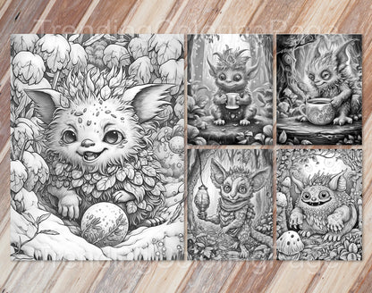 25 Adorable Creepy Monsters Grayscale Coloring Pages - Instant Download - Printable PDF