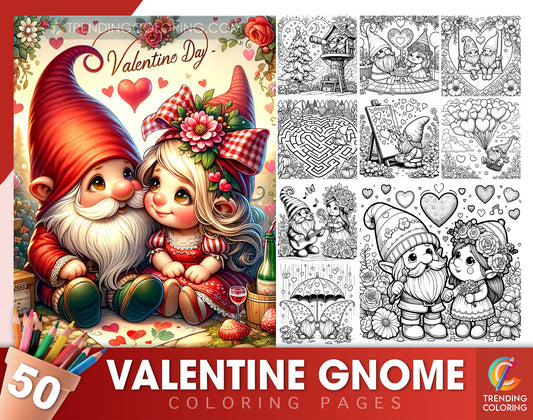 50 Valentine Gnome Coloring Pages - Instant Download - Printable