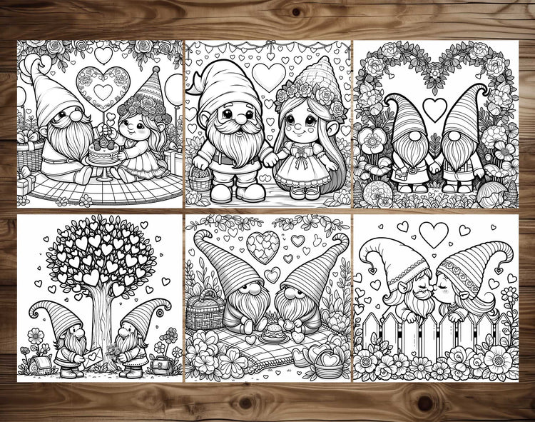 50 Valentine Gnome Coloring Pages - Instant Download - Printable