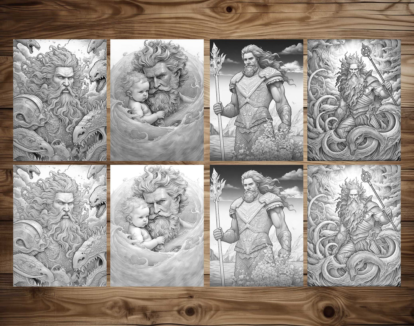 25 King Father Of Ocean Grayscale Coloring Pages - Instant Download - Printable PDF Dark/Light