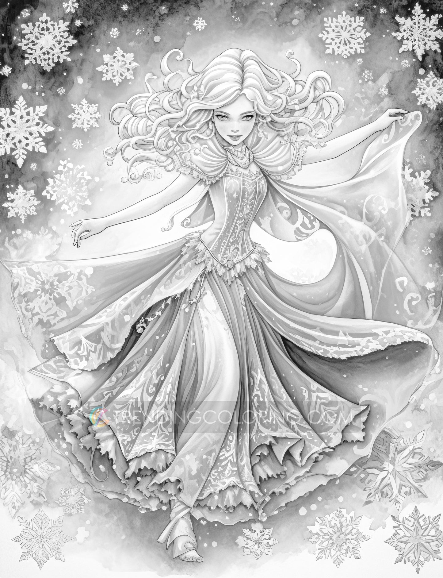 50 Winter Princesses Grayscale Coloring Pages - Instant Download - Printable PDF Dark/Light
