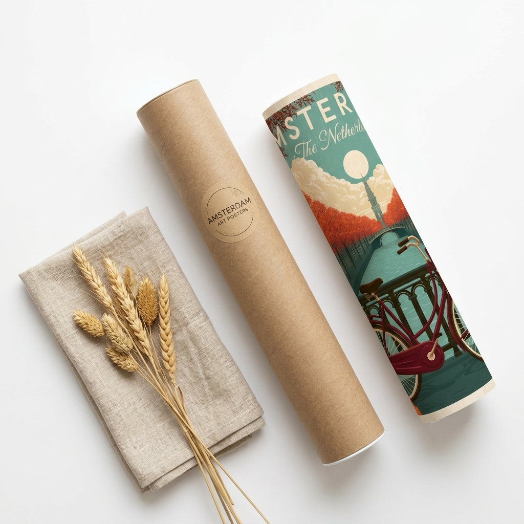 Two cylindrical travel-themed packaging tubes are arranged on a white background with a folded beige cloth and dried wheat stems. One tube is plain kraft brown with a small circular 'Amsterdam Travel Tours' logo, and the other has a colorful illustrated design with teal, cream, orange, and red artwork and partial text reading 'MSTER The Netherlands.