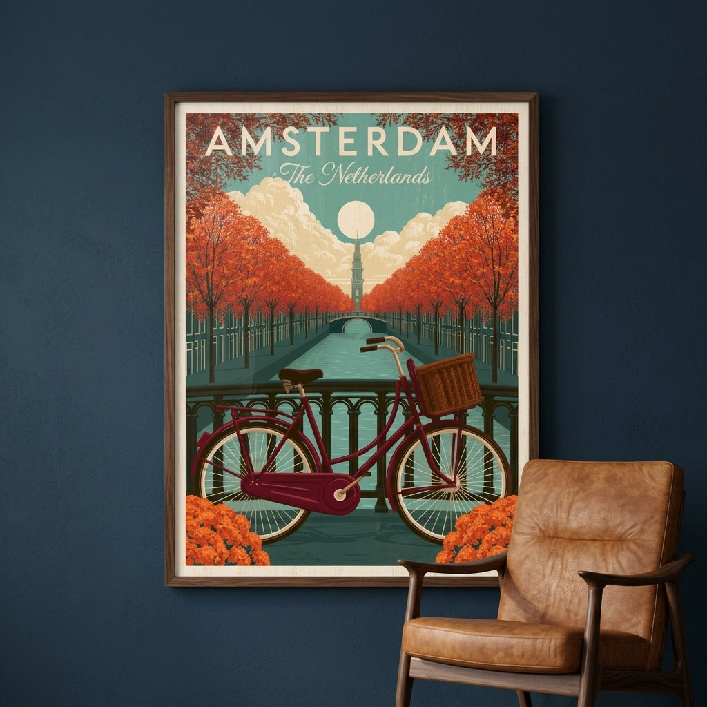 A framed travel poster of Amsterdam, The Netherlands, featuring a vintage red bicycle, orange autumn trees, and a teal sky, styled on a dark blue wall next to a brown leather armchair.
