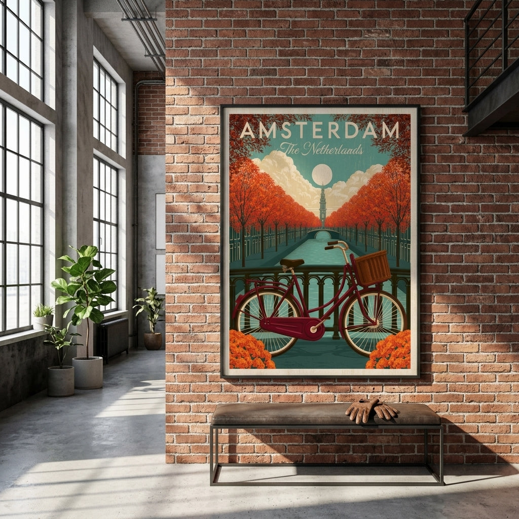 A framed Amsterdam travel poster with a vintage bicycle and orange autumn trees, displayed on a brick wall above a bench in a modern loft-style room with large windows and plants.