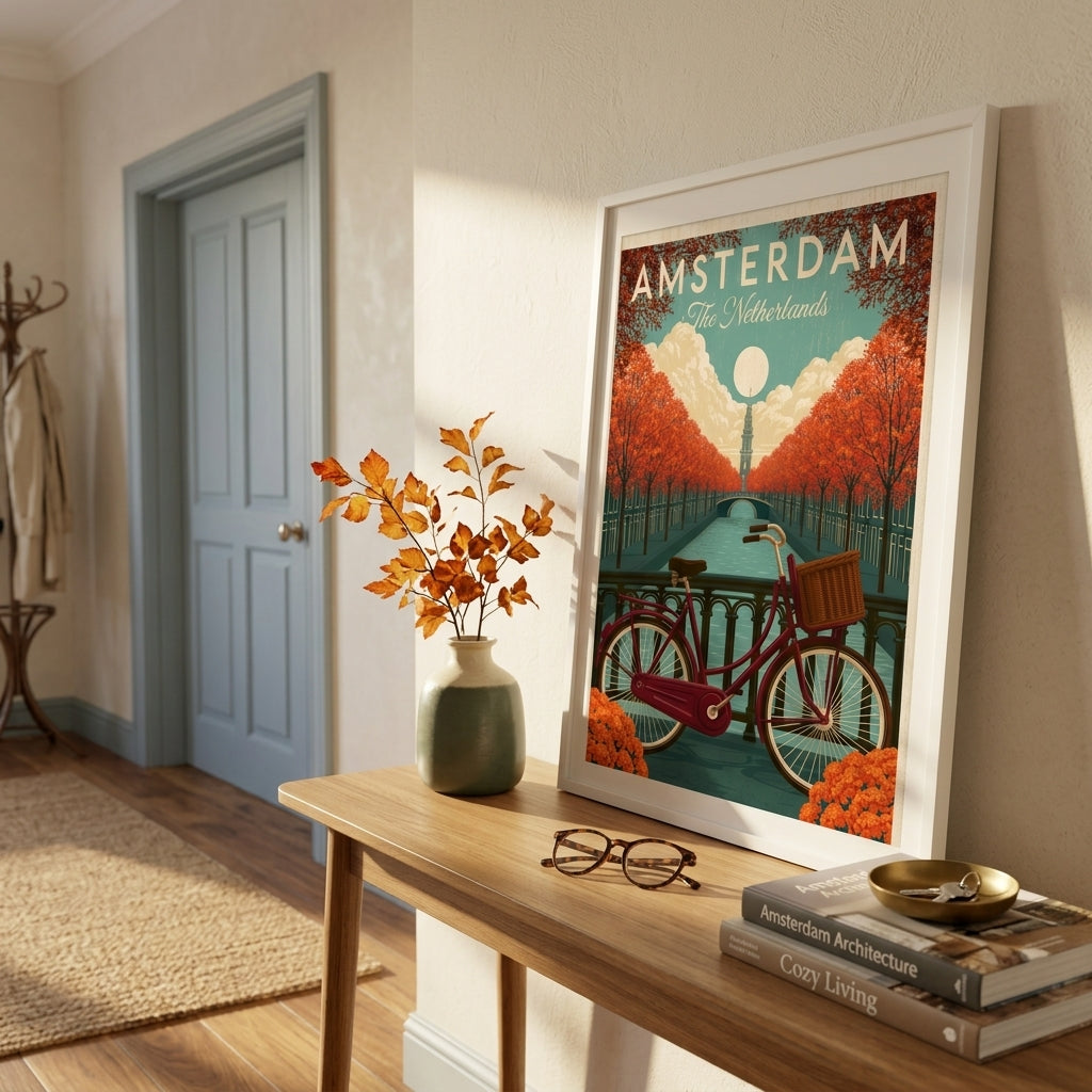 A framed travel poster of Amsterdam, Netherlands, hanging on a wall above a wooden console table in a styled room. The poster features a vintage red bicycle, orange autumn trees, and a teal sky.