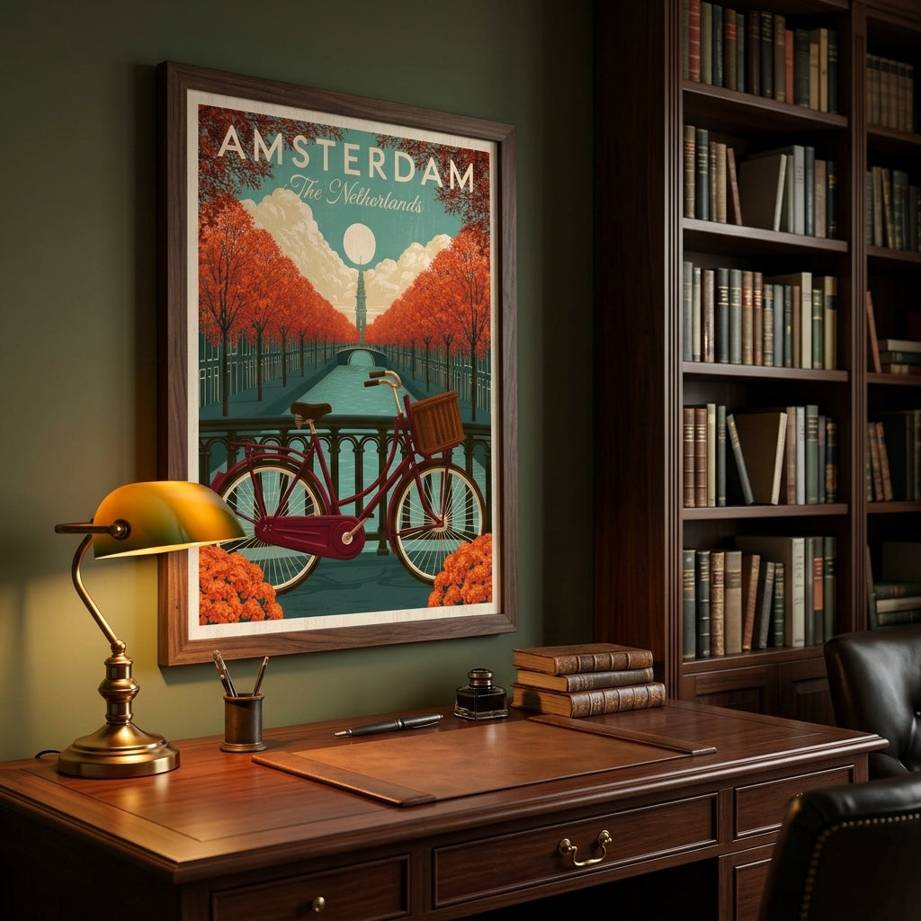 A framed vintage-style Amsterdam travel poster hangs on a dark green wall above a wooden desk in a study. The poster shows a bicycle, autumn trees, and the text 'AMSTERDAM The Netherlands.