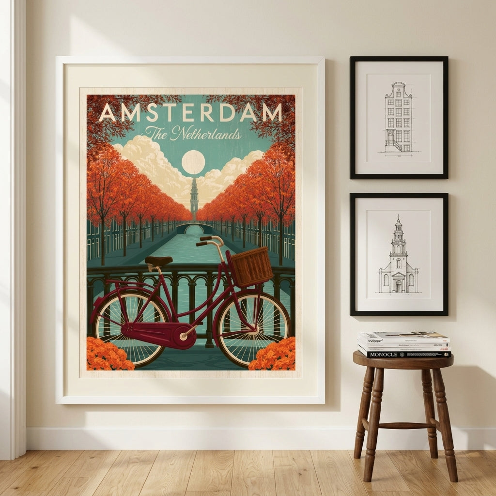 A framed travel-style poster of Amsterdam, The Netherlands, hanging on a beige wall in a styled room. The poster features a vintage red bicycle, orange trees, and a teal sky.