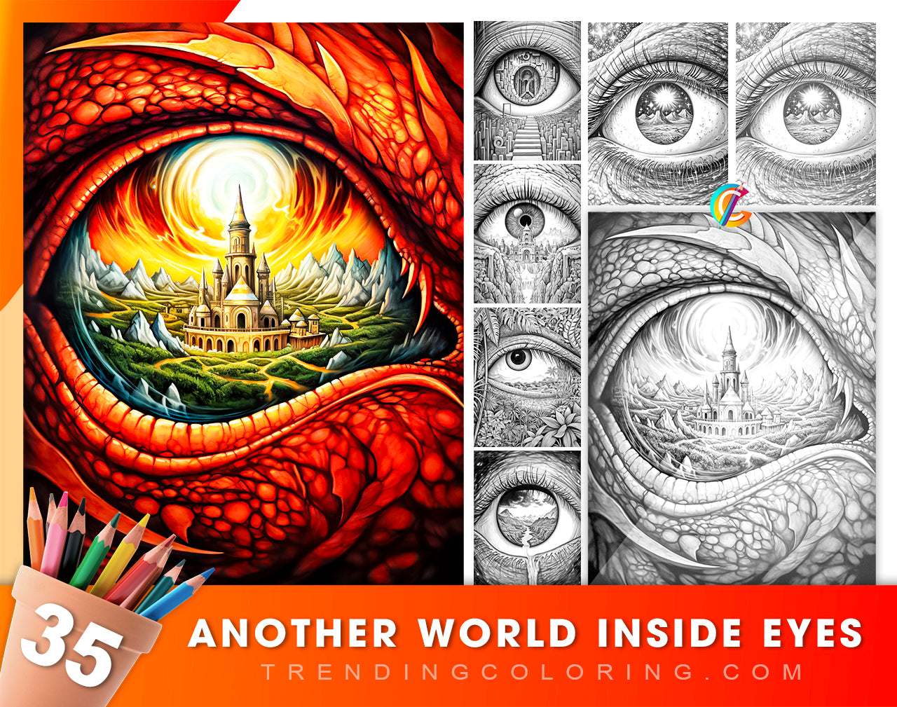35 Another World Inside Eyes Grayscale Coloring Pages - Instant Download - Printable PDF Dark/Light