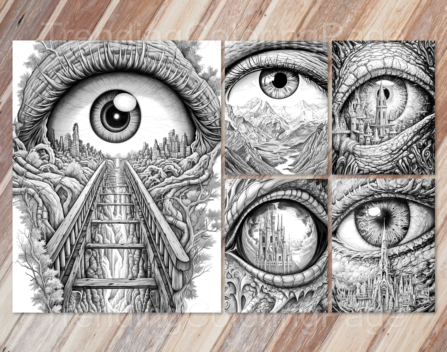 35 Another World Inside Eyes Grayscale Coloring Pages - Instant Download - Printable PDF Dark/Light – preview 10