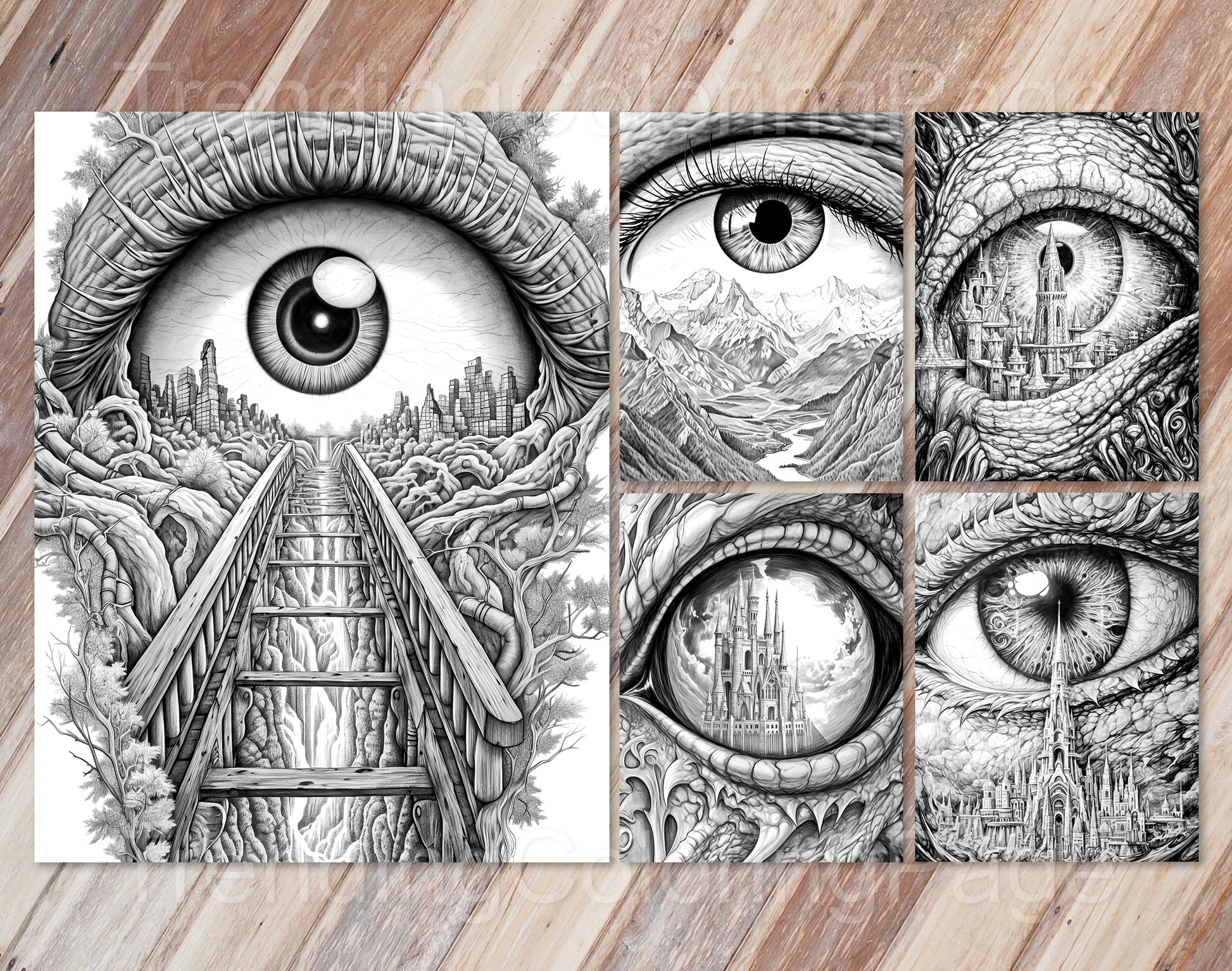 35 Another World Inside Eyes Grayscale Coloring Pages - Instant Download - Printable PDF Dark/Light – preview 10