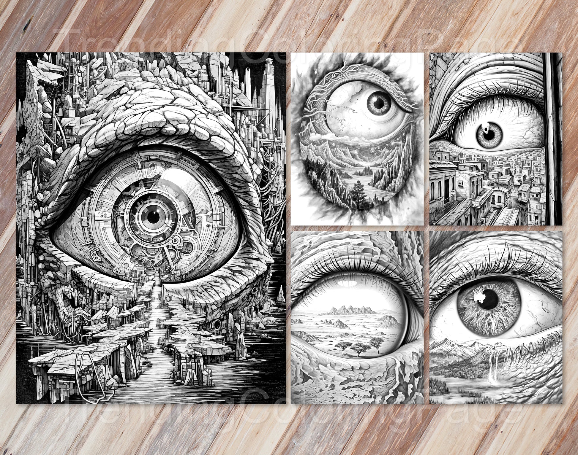 35 Another World Inside Eyes Grayscale Coloring Pages - Instant Download - Printable PDF Dark/Light – preview 11
