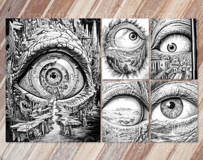 35 Another World Inside Eyes Grayscale Coloring Pages - Instant Download - Printable PDF Dark/Light – preview 11