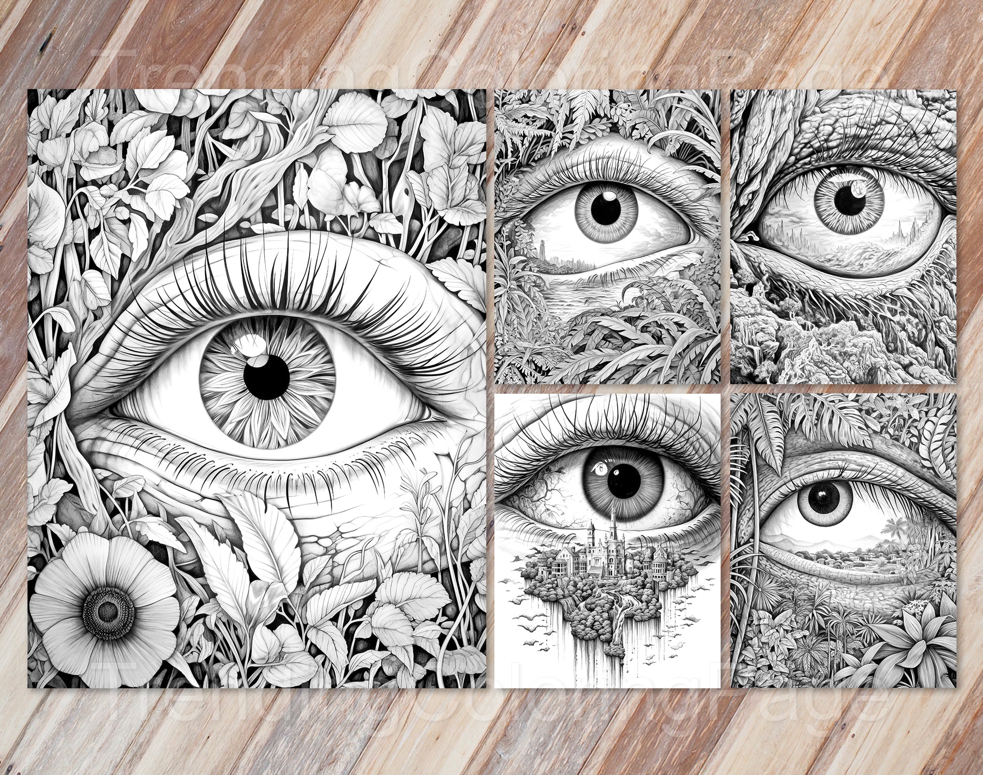 35 Another World Inside Eyes Grayscale Coloring Pages - Instant Download - Printable PDF Dark/Light – preview 12