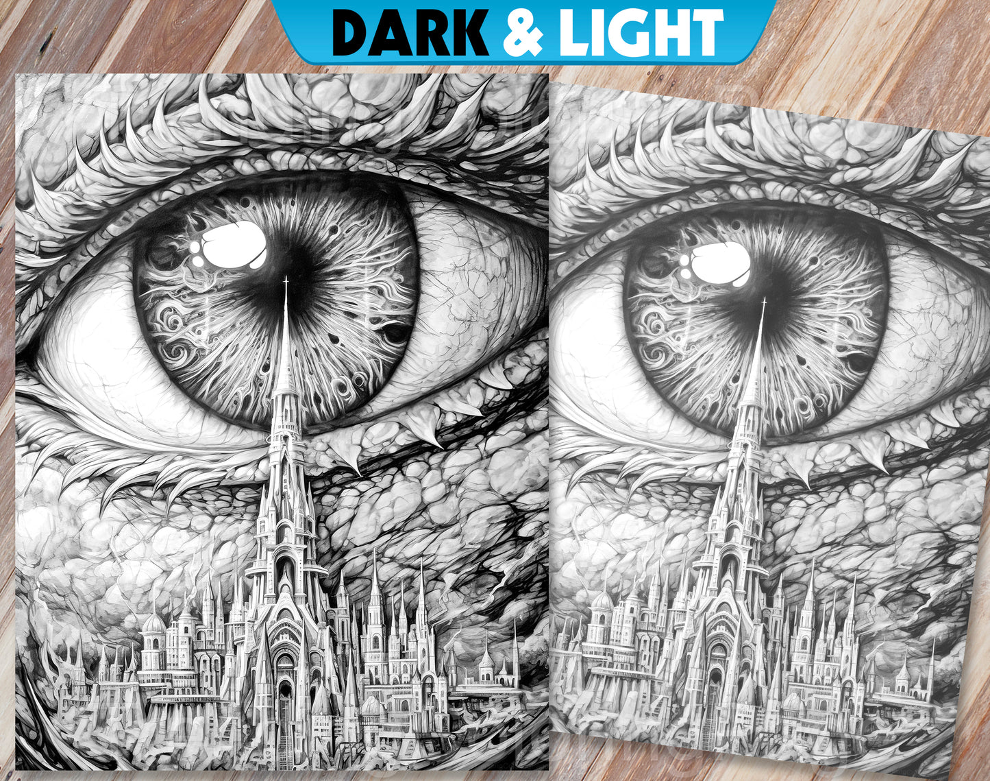 35 Another World Inside Eyes Grayscale Coloring Pages - Instant Download - Printable PDF Dark/Light – preview 3