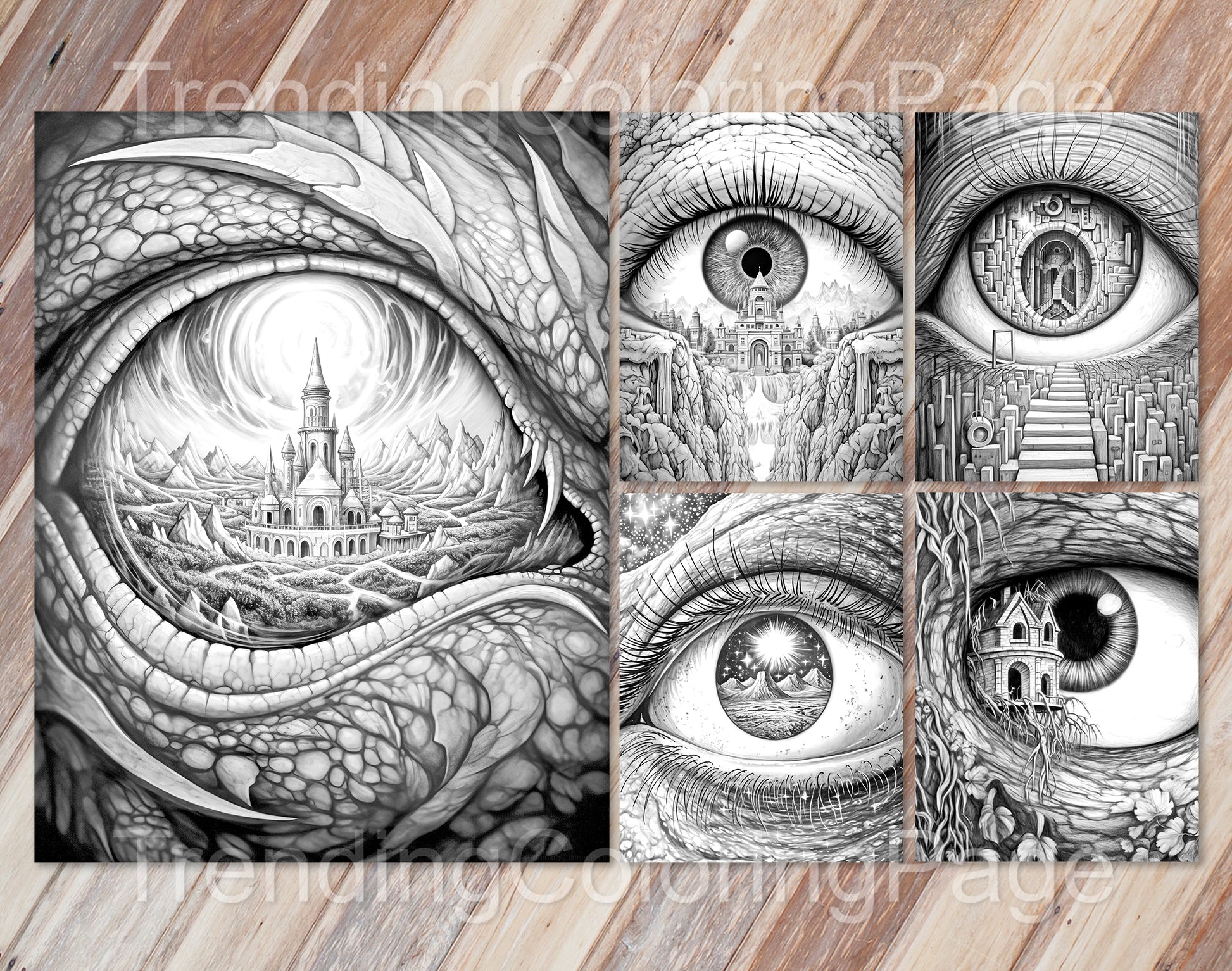 35 Another World Inside Eyes Grayscale Coloring Pages - Instant Download - Printable PDF Dark/Light – preview 6