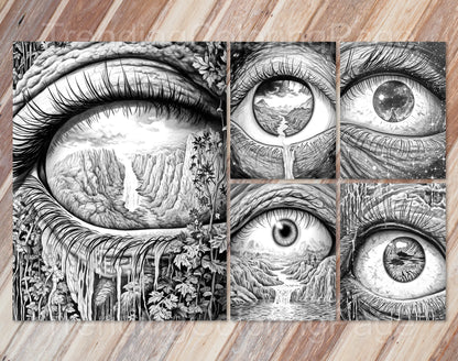35 Another World Inside Eyes Grayscale Coloring Pages - Instant Download - Printable PDF Dark/Light – preview 7