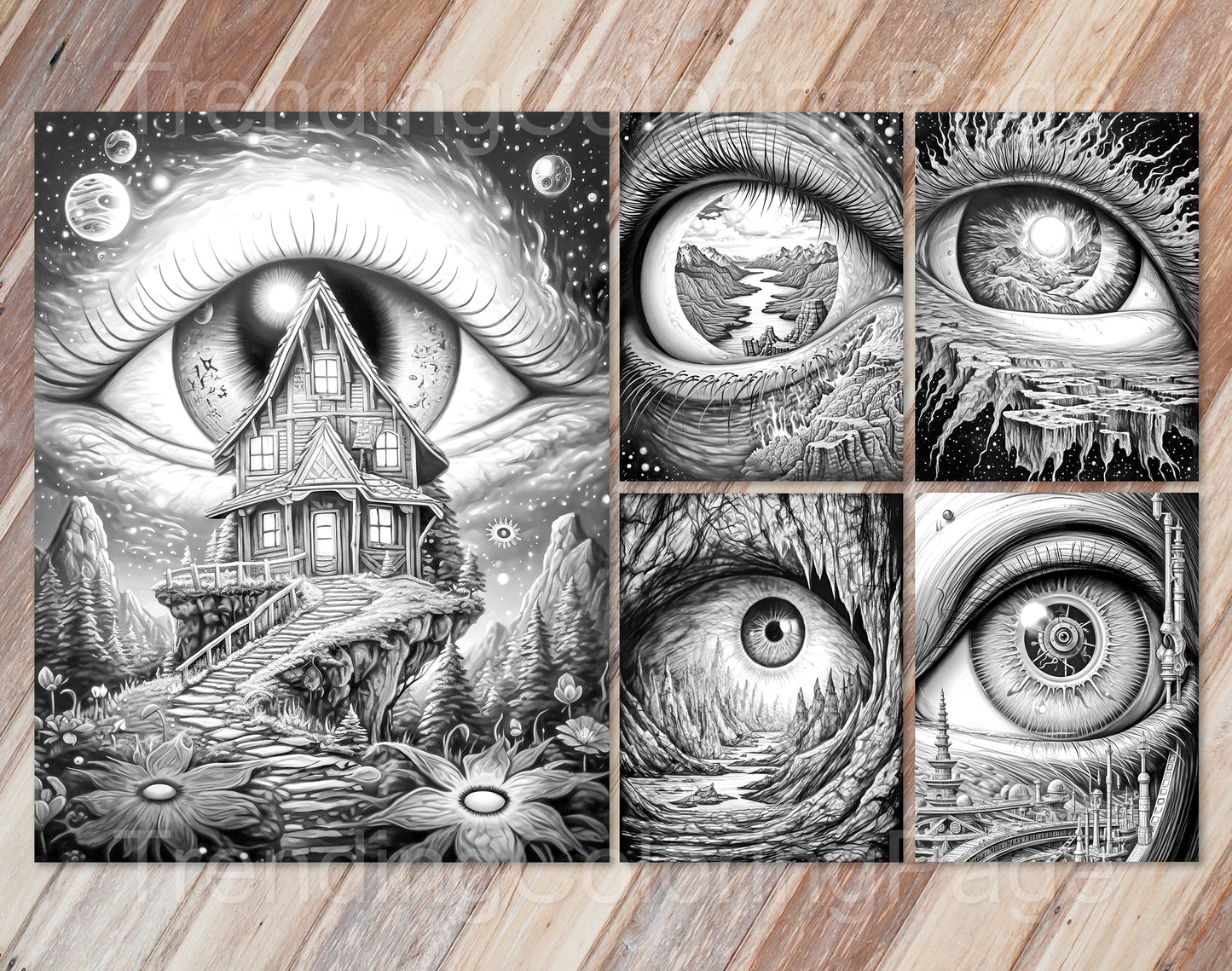35 Another World Inside Eyes Grayscale Coloring Pages - Instant Download - Printable PDF Dark/Light – preview 8
