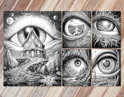 35 Another World Inside Eyes Grayscale Coloring Pages - Instant Download - Printable PDF Dark/Light – preview 8